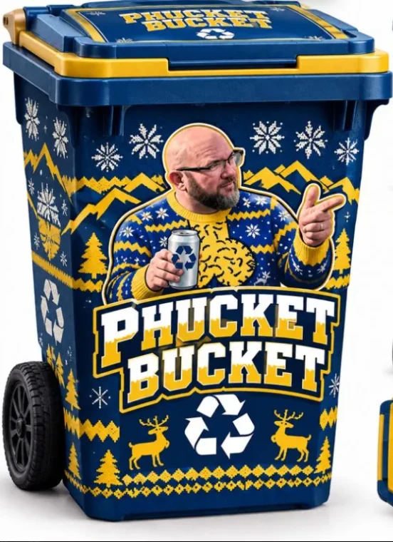 The Phucket Bucket: a navy wheeled recycling bin with a gold lid and an ugly-sweater design